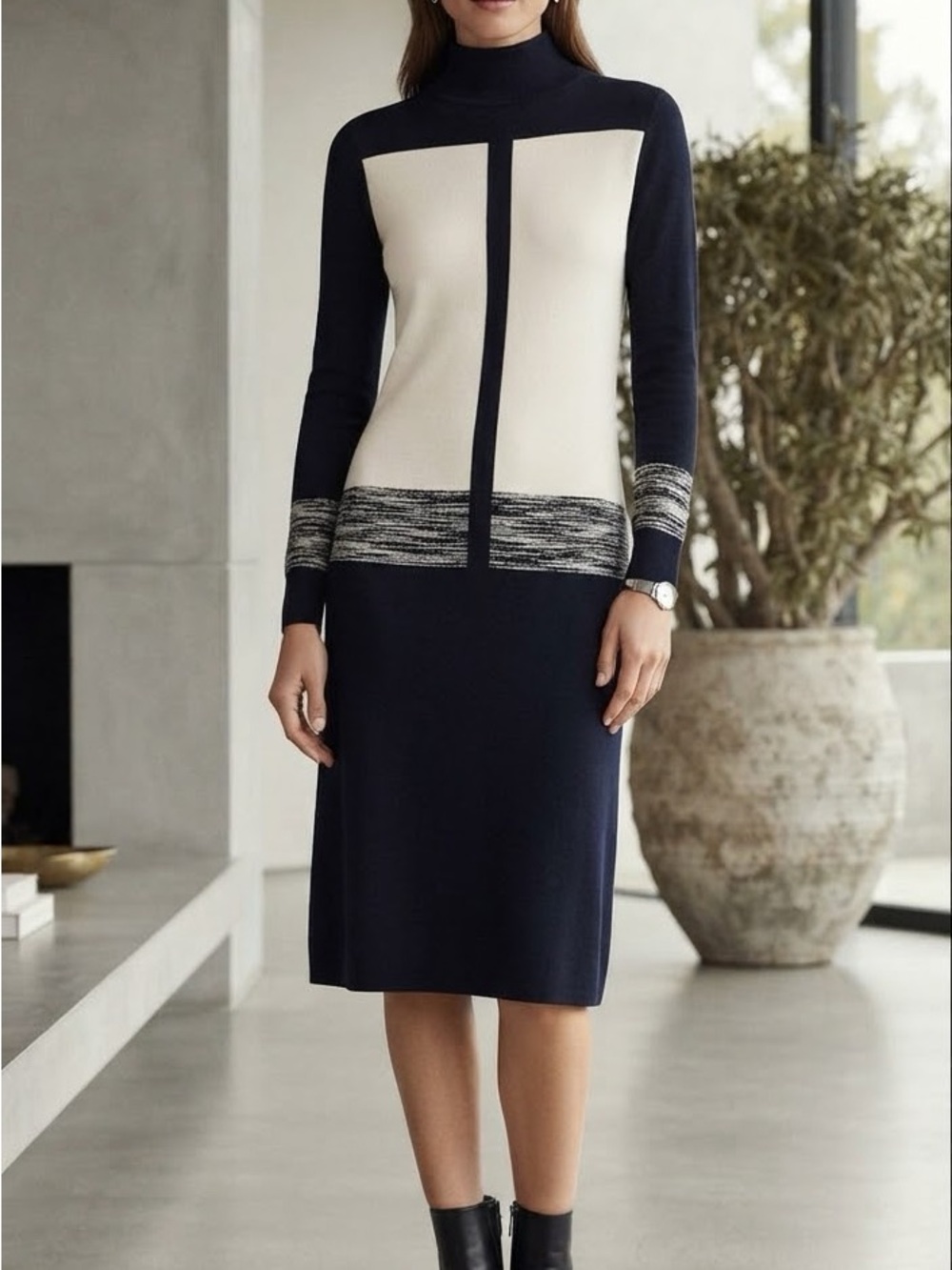 Narciso Rodriguez Colorblock Turtleneck Sweater Midi Dress Black Cream M